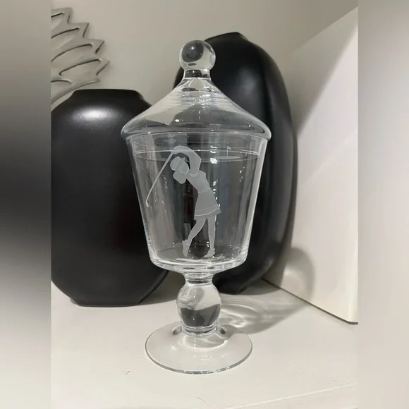 Vintage Woman Playing Golf Etched Art Glass Lidded Apothecary Candy Dish Rare - Picture 3 of 8